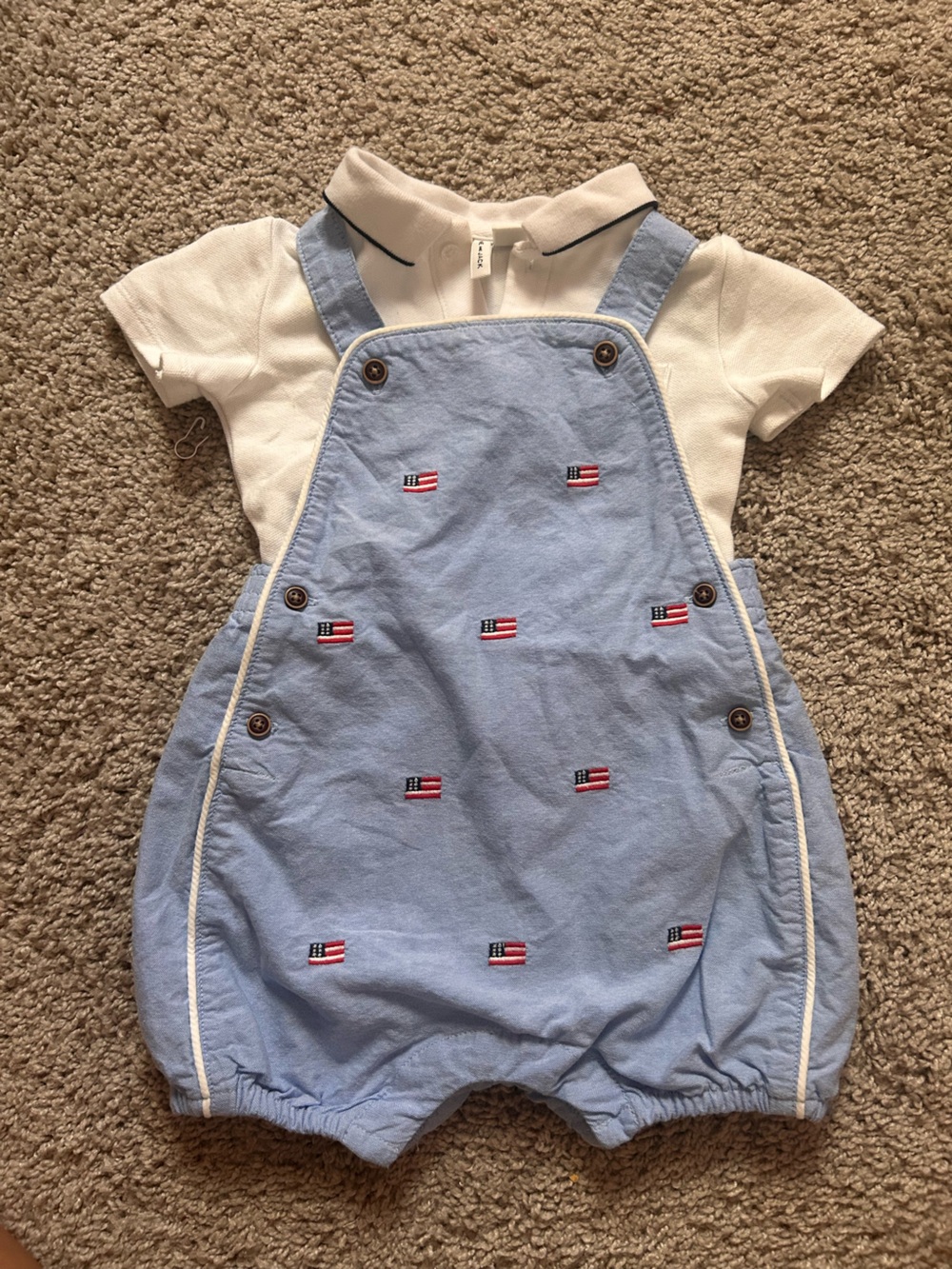 Janie and Jack Light Blue Bib Overalls with Red & Navy Flag Embroidery